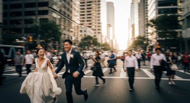 Joyful newlyweds run hand-in-hand across a bustling city street at sunset, celebrating their wedding with excitement and movement.