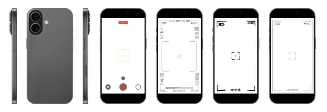 Mobile phone camera rec overlay mockup pack isolated. Recorder cam display. Video or photo recording screen. Viewfinder Layout template. Vector png