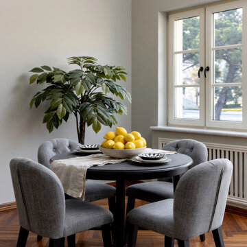 Modern dining room with charcoal fabric chair, round table, indoor plant, window, and bowl of lemon create welcoming atmosphere