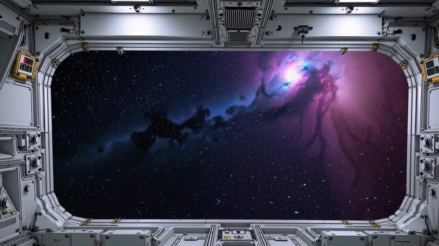 a static scene of a space station interior with metallic surfaces and glass windows, offering a view of outer space in a neutral, futuristic environment, captured from a fixed perspective.