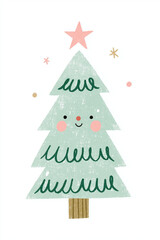 Fototapeta premium Cute smiling Christmas tree illustration with a pink star on top. Festive winter holiday icon with happy character design. Minimalist graphic art for greeting card and seasonal decor.