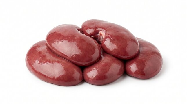 Pile of raw beef kidneys on white background