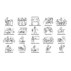 Obraz premium Coworking office daily activities vector line art icons