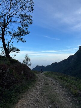 Hiking along a mountain trail in Sri Lanka with scenic valley views and a bright blue sky atmosphere (Devil&rsquo;s Staircase Sri Lanka)