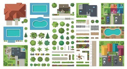Fototapeta premium Architectural elements vector illustration with houses trees and swimming pools