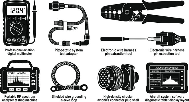Avionics Maintenance Tools and Aircraft Testing Equipment Icon Set with Multimeter Spectrum Analyzer Wire Harness Crimper Pin Extraction Vectors