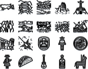 Naklejka premium Latin america and mexico culture icons collection featuring traditional symbols, ancient patterns, monuments, food, musical instruments and local celebrations showcasing regional heritage
