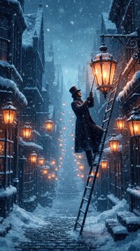 Lamplighter on a ladder lighting a street lamp on a snowy cobblestone street at night, Victorian fantasy illustration