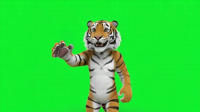 A cheerful 3D animated tiger mascot character waving hello with a friendly smile isolated on a bright green screen background looking welcoming and playful