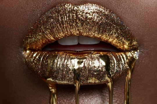 Sensual mouth close up, ebony skin, dripping molten gold down the chin, flawless skin texture, luxury cosmetic ad style