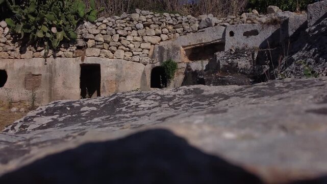 Salina, Malta - The entrance to the Salina Catacombs believed to be dated to the 2nd or 3rd century AD. High quality 4k footage