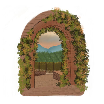 Old stone brick arch with ivy greenery, view on vineyard and mountains at sunset in Tuscany, Italy. Hand drawn digital illustration.