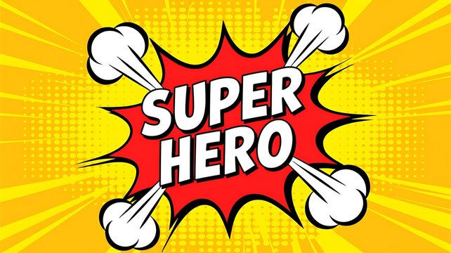 Superhero comic book explosion, cartoon superhero emblem, pop art hero logo, comic burst