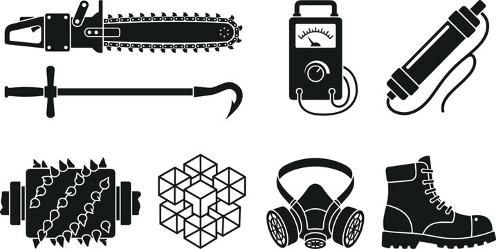 Heavy Underground Coal Mining Machine Equipment and Miner Safety Gear Silhouette Icon Set for Industrial Engineering Geological Excavation Projects