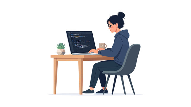 Software Developer Writing Code on Laptop Vector Illustration, IT Programmer Working at Desk with Computer Code Screen Flat Design.