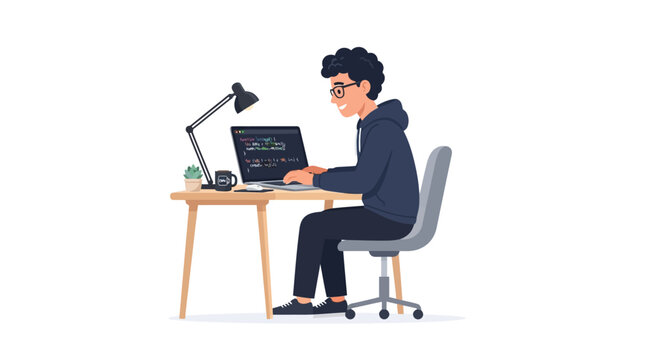 Software Developer Writing Code on Laptop Vector Illustration, IT Programmer Working at Desk with Computer Code Screen Flat Design.