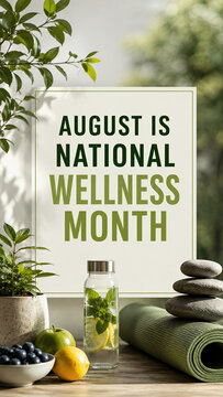 August Is National Wellness Month Concept with Healthy Food and Yoga Mat