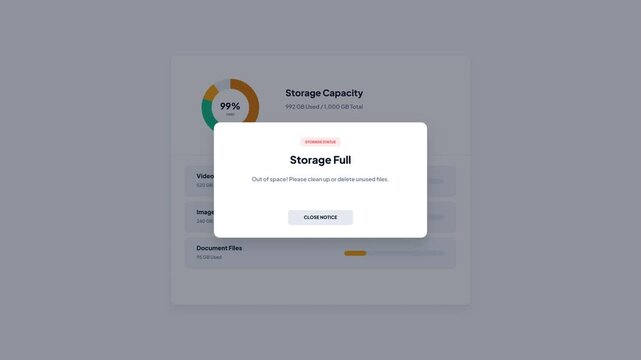 User interface overlay animation showing a simulated light-themed storage capacity analytics dashboard loading data with an out of space storage full warning modal popup on a solid background.
