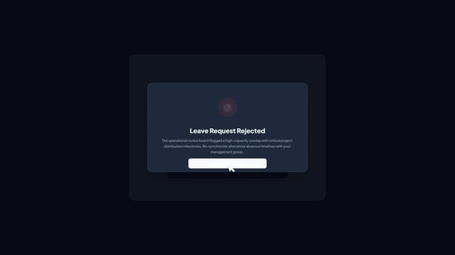 Dark mode dashboard user interface displaying a submit leave request form being rejected after a pending operational approval status.