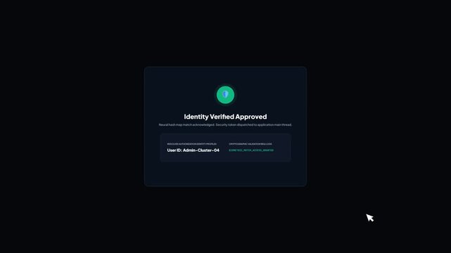 Biometric face security interface scanner parsing vector map coordinates to output an identity verified approved screen status layout