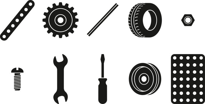 Mechanical Toy Construction Kit Parts and Engineering Model Building Tools Silhouette Icon Set for Stem Education Hobby Creative Workshop