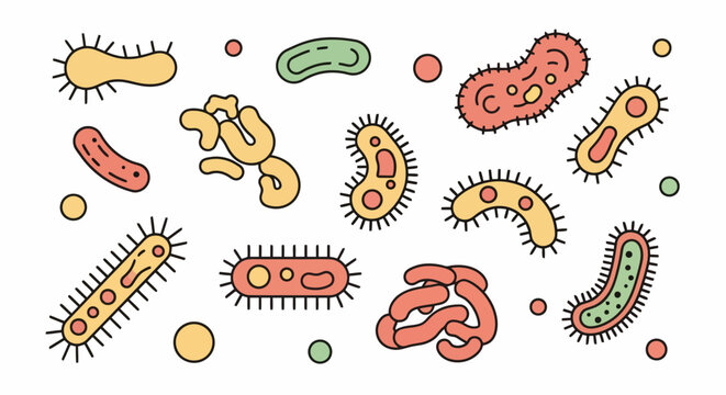 Diverse Microorganisms and Bacteria Collection in Colorful Outline Style.