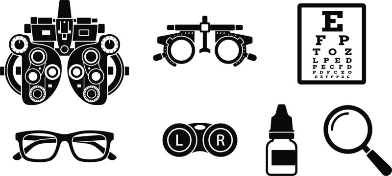 Optometry and Ophthalmology Eye Care Equipment Icon Set with Phoropter Trial Frame Eye Chart Glasses Lens Case Drops Vector