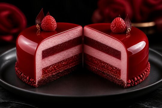 A red dessert is cut in half to show its layers of raspberry cream, chocolate, and textured cake. Fresh raspberries and leaves top the dessert on a dark plate.