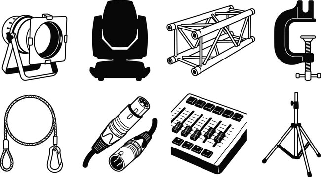 Stage Lighting and Concert Production Equipment Icon Set with Fresnel Moving Head Truss Clamp Cable and Console Vectors