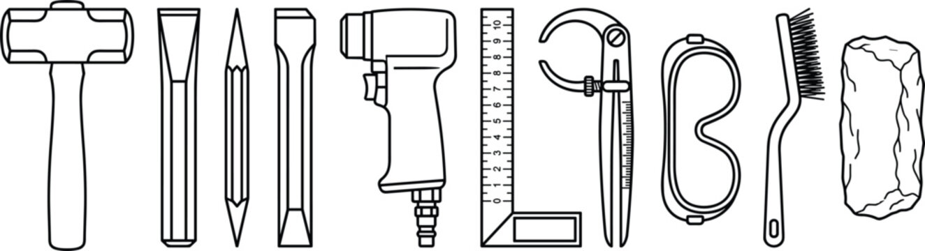 Stone Carving and Sculpting Tools Line Icon Set with Hammer Chisel Pneumatic Hammer Caliper Square Ruler Goggles Stone Block Vectors