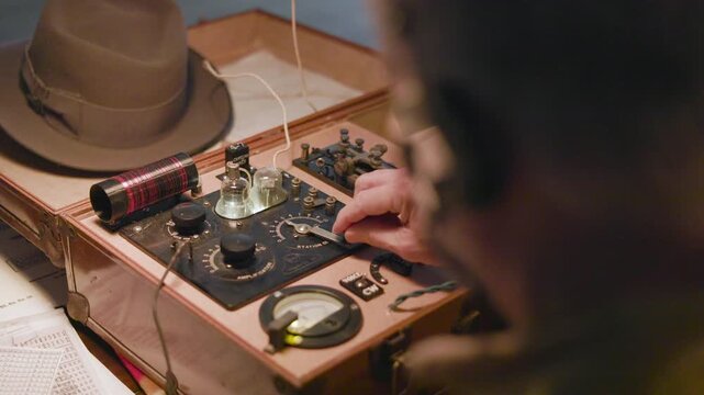 WWII spy sending Morse code messages with his suitcase transmitter