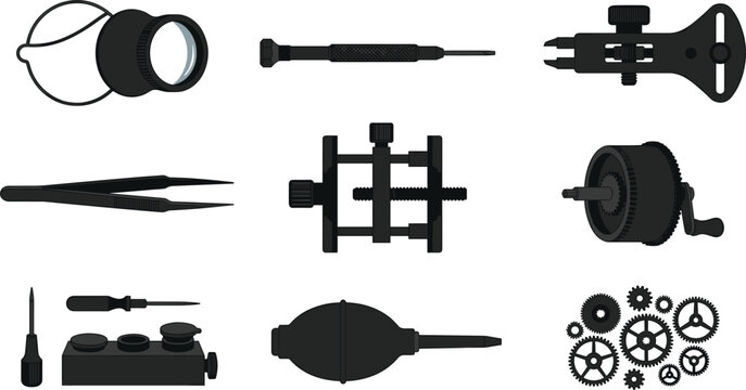 Vintage Mechanical Watch Repair and Horology Hand Tools Silhouette Icon Set for Watchmaker Workshops Clockwork Engineering and Maintenance