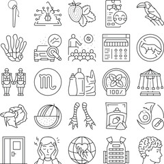Fototapeta premium Outline icon set of internet security, agriculture, mobile tech, animals, anatomy, medical and social issues, food and everyday objects in black and white line art vectors