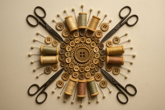 Symmetric Sieve Flat Lay of Sewing Accessories and Tools Vintage Sewing Kit Pattern with Scissors Buttons and Thread Spools