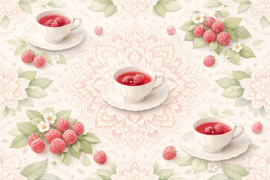 Vintage Style Raspberry Tea Flat Lay Seamless Pattern Illustration Elegant Floral Mandala Tablecloth Background with Porcelain Teacups