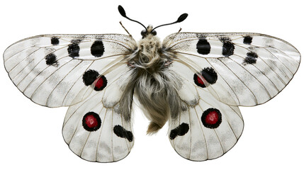 Parnassius apollo butterfly with black and red spots, isolated on transparent background © Piotr