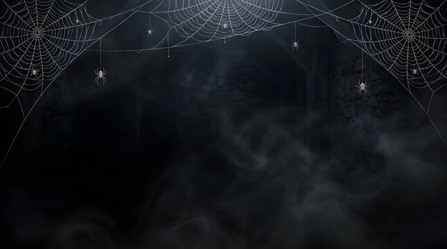 Spooky halloween background with realistic spiderwebs and small spiders in dark misty cave setting