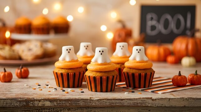 Halloween cupcakes with ghost decorations on a wooden table