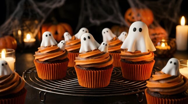 Spooky halloween cupcakes with ghostly marshmallow toppers and orange frosting