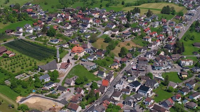Aerial panoramic view above the downtown beside the city Marbach in Switzerland on a sunny summer noon. 