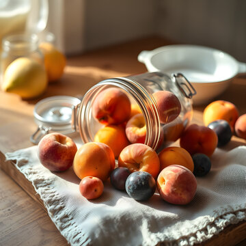 Tipped glass jar with stone fruits spilling onto linen cloth