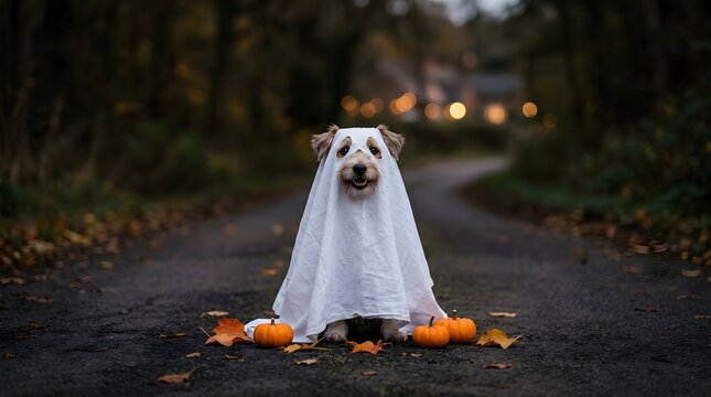 Adorable dog in a ghost costume sitting on a road with pumpkins