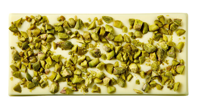 Creamy white chocolate bar generously sprinkled with chopped pistachios, isolated on transparent background