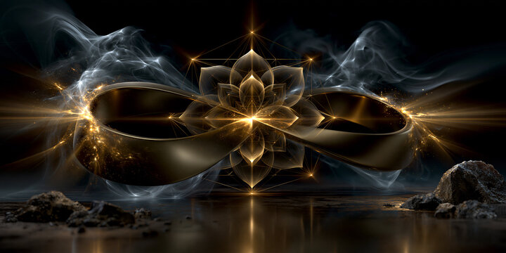 radiant infinity symbol with sacred spiritual energy, glowing golden infinity symbol with cosmic sacred geometry, mystical white and golden energy infinity with lotus mandala
