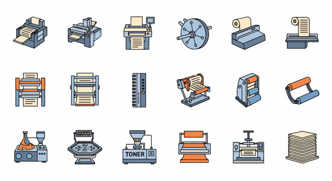 Collection of various printing and office equipment icons.
