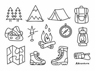 Collection of hand-drawn camping and adventure icons including tent backpack boots and campfire perfect for outdoor activity graphics and travel themes © Saqib1022