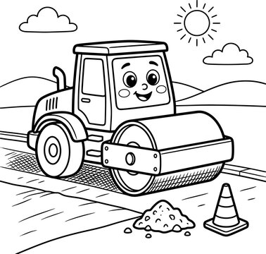 Happy cartoon road roller on construction site, coloring page vector art.