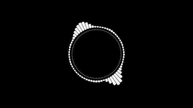 A black and white circular interface, speech, music, audio spectrum, equalizer, 4K video, and animated sound waveforms on a black and white background.