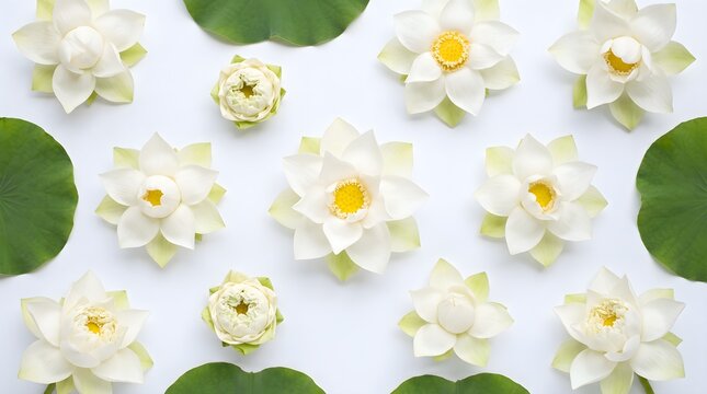 Elegant flat lay pattern of white lotus flowers and green leaves on a white background