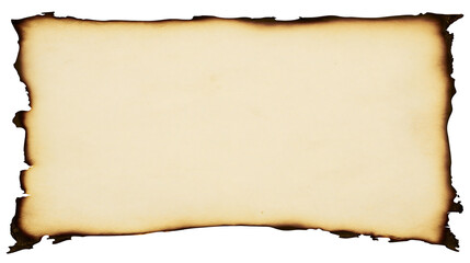 Fototapeta premium Aged burnt paper sheet with rough charred edges, isolated on transparent background